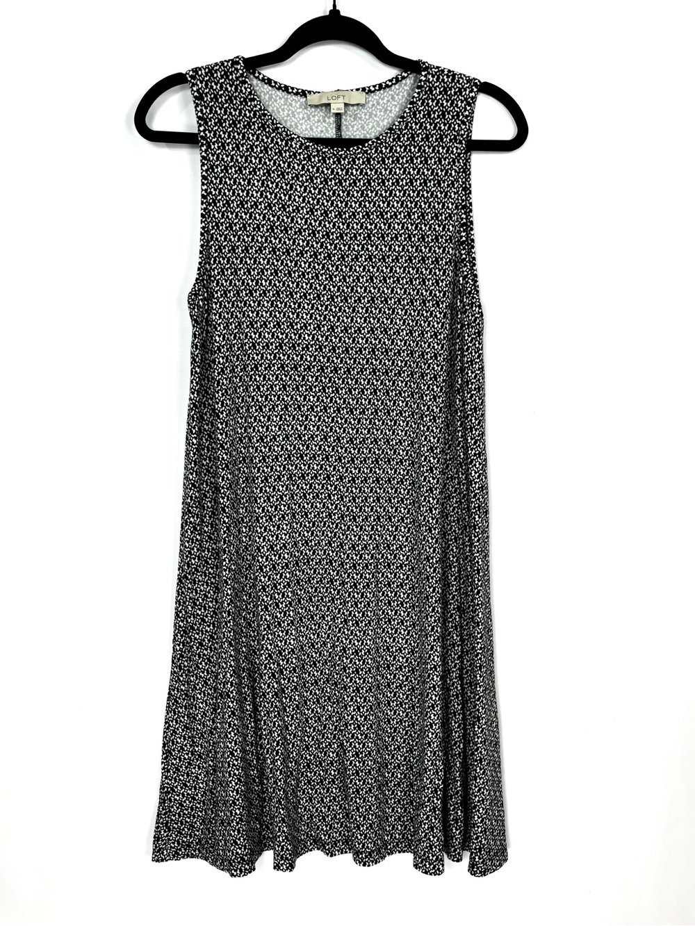 LOFT Black White Blue Geometrical Print Sleeveless Swing Dress Sz Medium